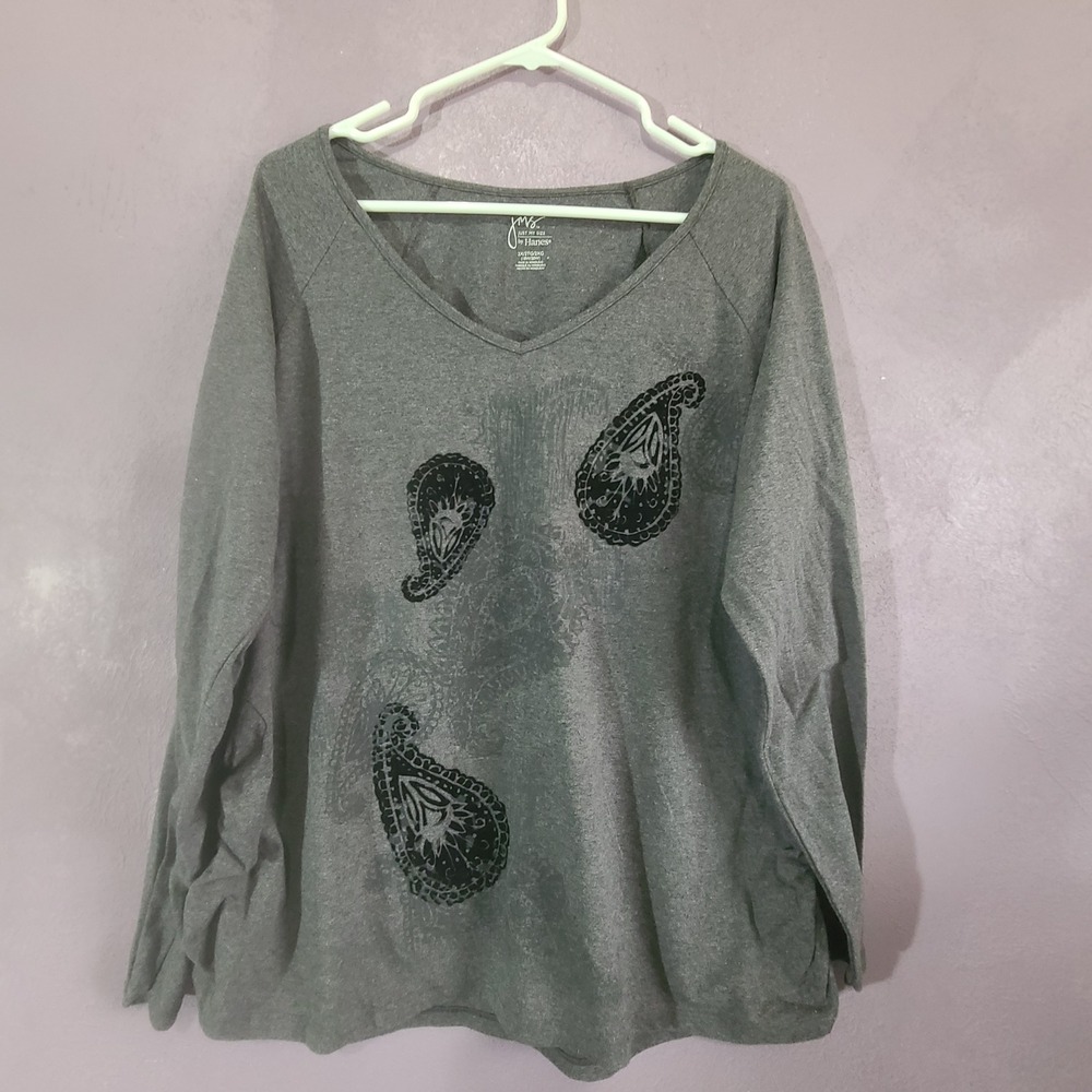 Just My Size by Hanes Graphic Top Women 2X Gray Paisley Flocked Side Ruched